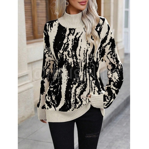 Black Printed Graphic Turtleneck Knit Pullover Sweater - Picture 4 of 7